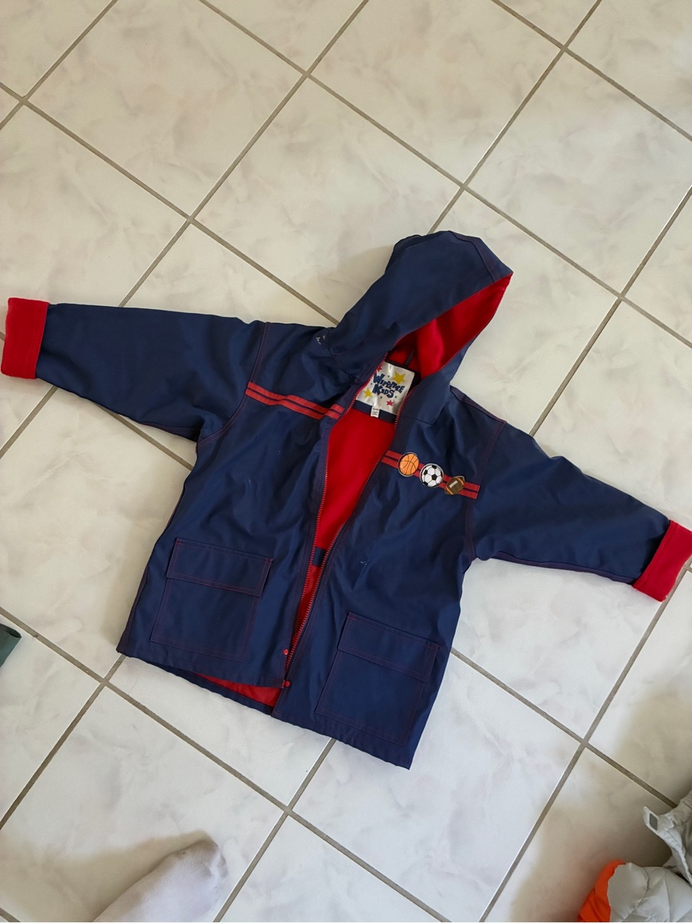 Wippette Kids - Navy and Red Hooded and Lined Raincoat with Sports Trim